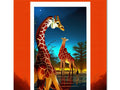Two giraffes looking at something that is in the foreground of an artwork art print