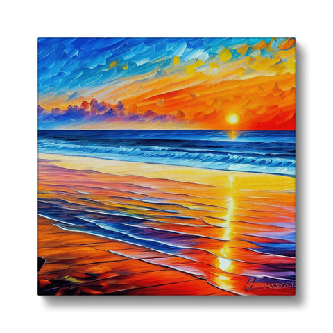 A painting depicting a sunset sun setting on a beach.