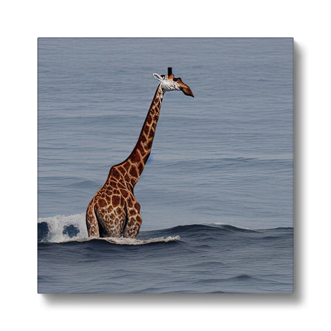 A giraffe standing in the air near some water and trees.