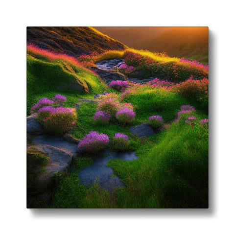 Art print next to grass on a hillside with mountains growing in the background.