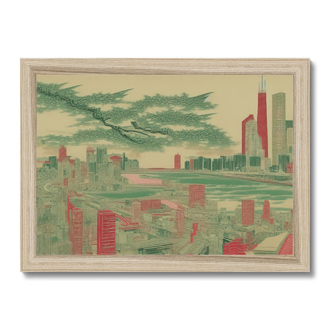 A colorful art print hung with trees and city buildings on a wooden wall.