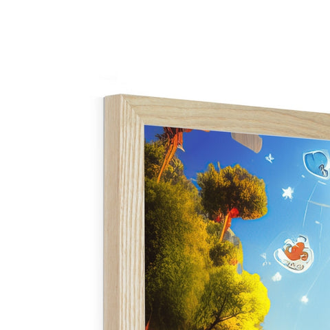 a wooden framed frame on a wood table in front of a picture book