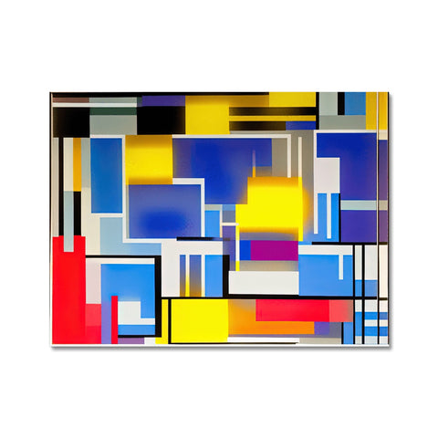 A painting hanging on a wall with a glass frame and an abstract design.