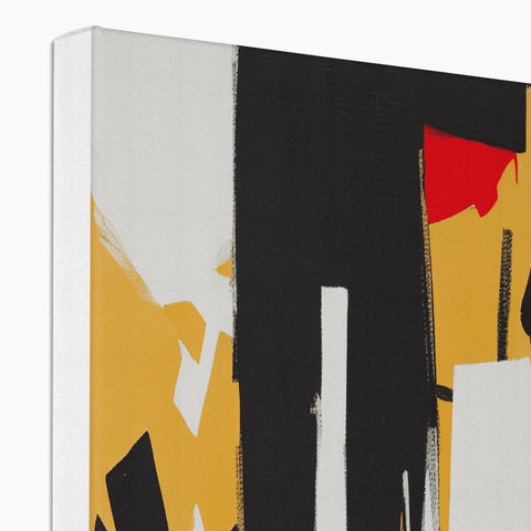 An abstract painting is inside of a wooden cabinet with art prints.