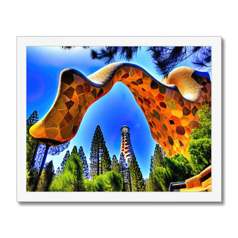 Some giraffes stand in a landscape surrounded by trees in an art print.