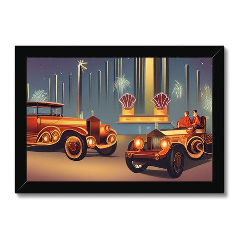 Three art prints with vintage cars on display on top of a framed picture frame.
