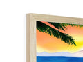 A wooden fireplace mantel frame with a picture of the ocean on its fireplace mantels