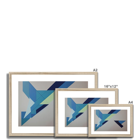 Three framed art prints on a blue picture frame standing in front of a fireplace.
