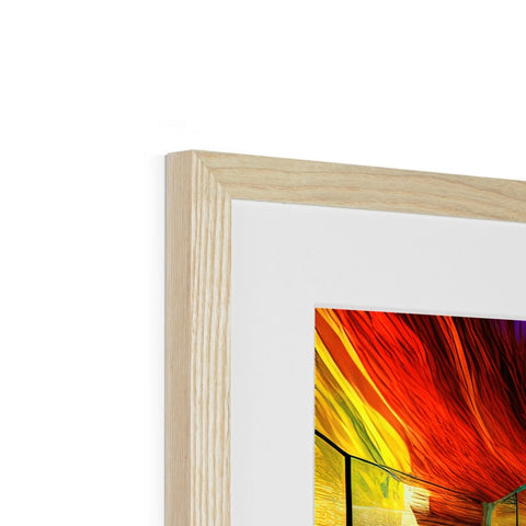A wood framed photo frame that has artwork from an art piece on it.