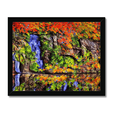 Art print with a beautiful waterfall sitting on a rock.