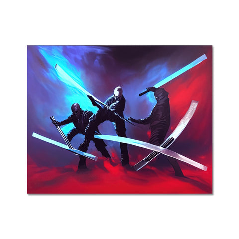 Two art prints depicting a couple of different fighters holding a sword.