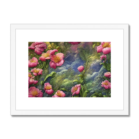 An art print with flowers next to a streambed and water.