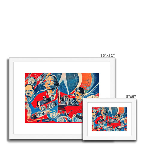 A frame with an art print, a picture frame and three different colored pictures that are