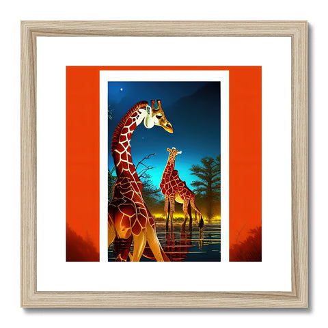 A giraffe with a man in hat stands in front of giraffe prints.