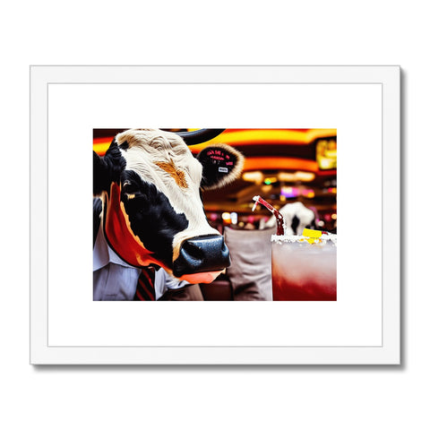 A bull cow is facing toward a black and white picture of itself.