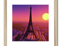 A painting of Paris' landmark building at sunset on a wooden framed image.