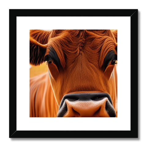 A cow is looking at a large wooden framed photograph
