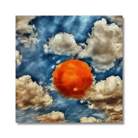 A piece of art print on a sky with the sun shining bright against the sky.