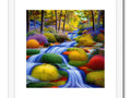 Art print painting of a small river on brush covered bank with a tree in the background