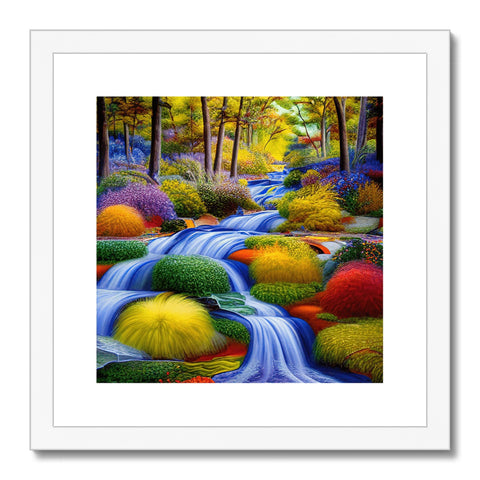Art print painting of a small river on brush covered bank with a tree in the background