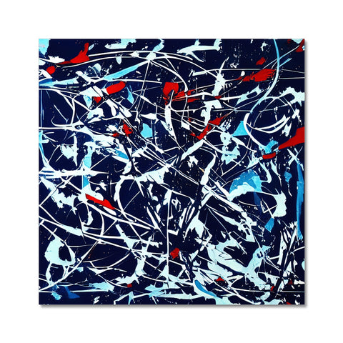 An abstract painting on a white canvas, with colors varying in size and size.