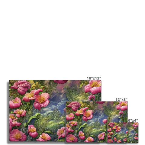 Large flower bed covered in the background covered by an attractive floral fabric wall hanging on the