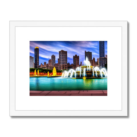 A framed photograph of the skyline of Chicago on a bookcase with a wooden frame with