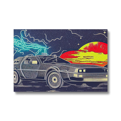 An art print of a toaster on a silver car top with white car in picture