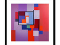 An art print that is framed with three different angles of various squares and red and orange