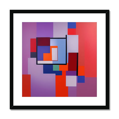 An art print that is framed with three different angles of various squares and red and orange