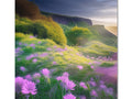 An art print with flowers in the foreground of a grassy field.