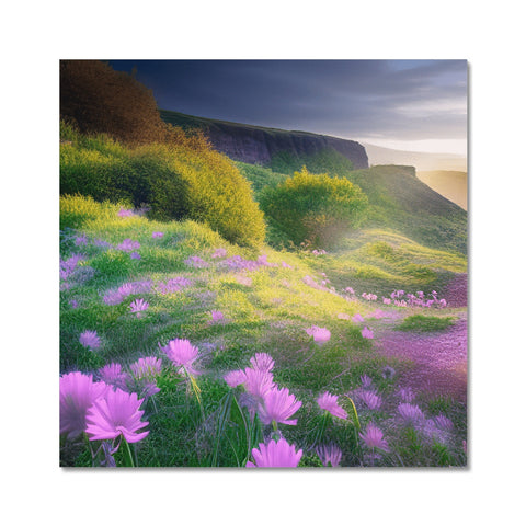 An art print with flowers in the foreground of a grassy field.