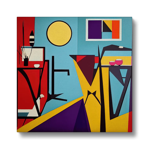 This wall hanging is framed by an abstract painting with some colorful and bright colors.