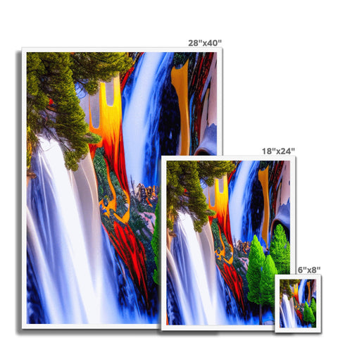A colorful collage of four waterfalls in a frame that hangs on a wall.