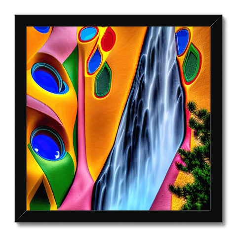 A colorful tile art print with a large waterfall over a rainbow lake.