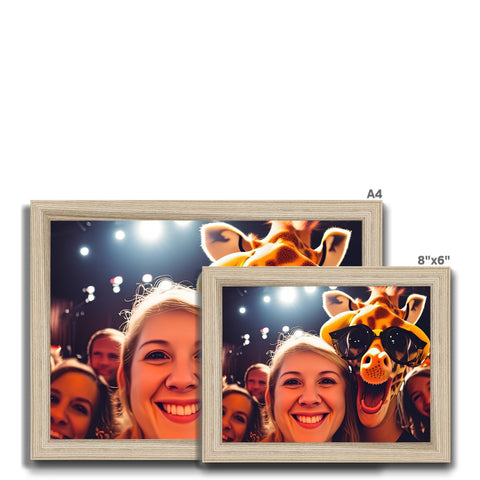 A picture frame with two images of a giraffe and two giraffes in a