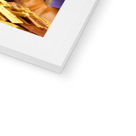 A picture of a picture frame next to a white background with a gold background.