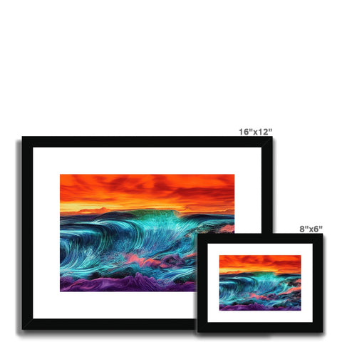 a framed picture of a sunset with three waves in front of it on a black backdrop