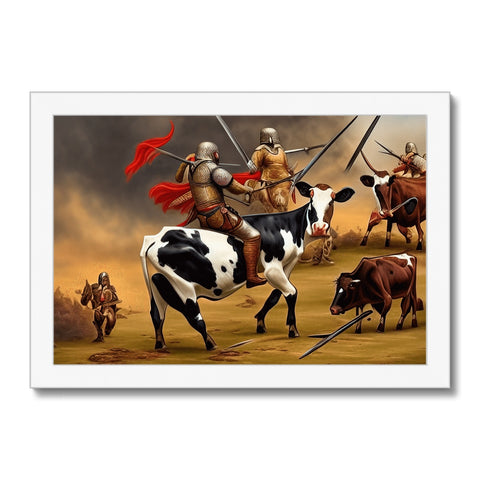 A man jousting with two cows in a field with an art print.