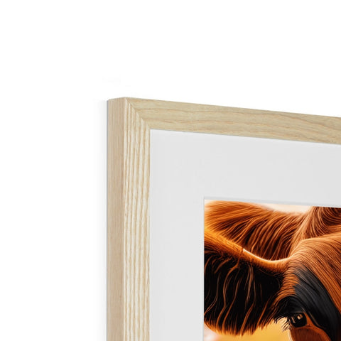 A close up of a cow sitting on top of a picture frames in a frame.