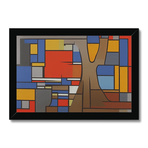 An art print on a rectangular section of wood framed artwork with various geometric style artwork.