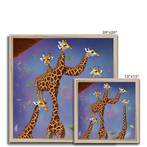 Several giraffes standing around a large picture frame with a giraffe standing next to