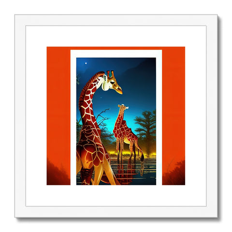 A giraffe walking through a field next to a giraffe by an art print.