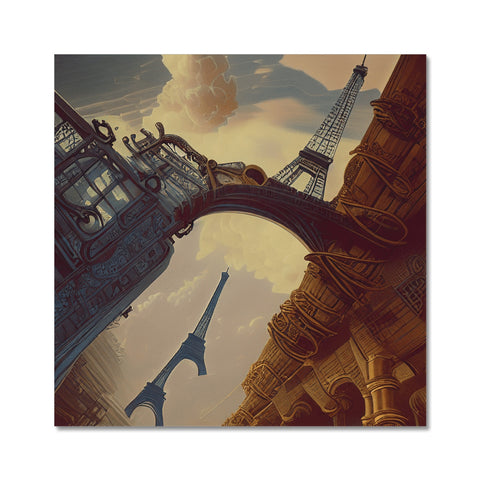 There is an art print in Paris with a Parisian tower standing there.