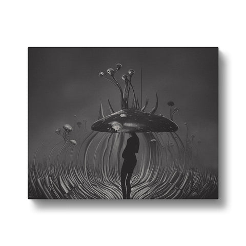 A mushroom print on a metal plate hangs above a sky covered in raindrops.