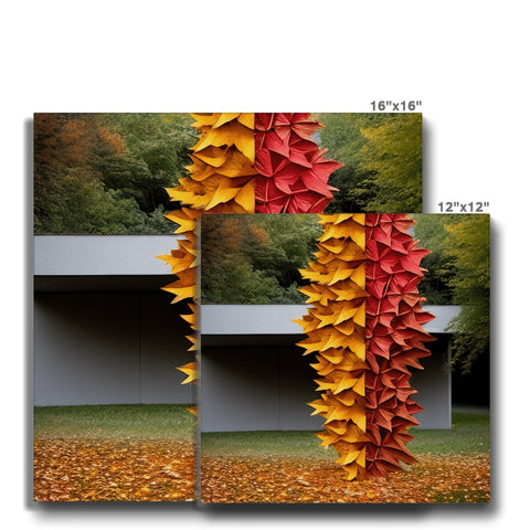 A picture frame containing four photographs of autumn leafed trees.