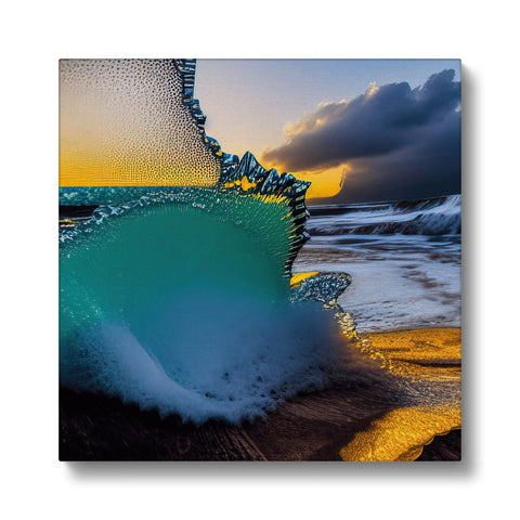 A wave hitting the ocean in a beach setting in a photo frame.