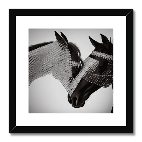 A couple of horses with mounted horse on a black and white photo printed photo