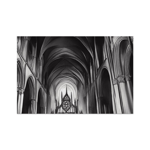 A black and white photo of a cathedral painting in a Gothic building located in the middle