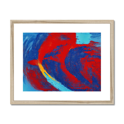 A painting of a red and white car driving down a highway with blue and blue ocean